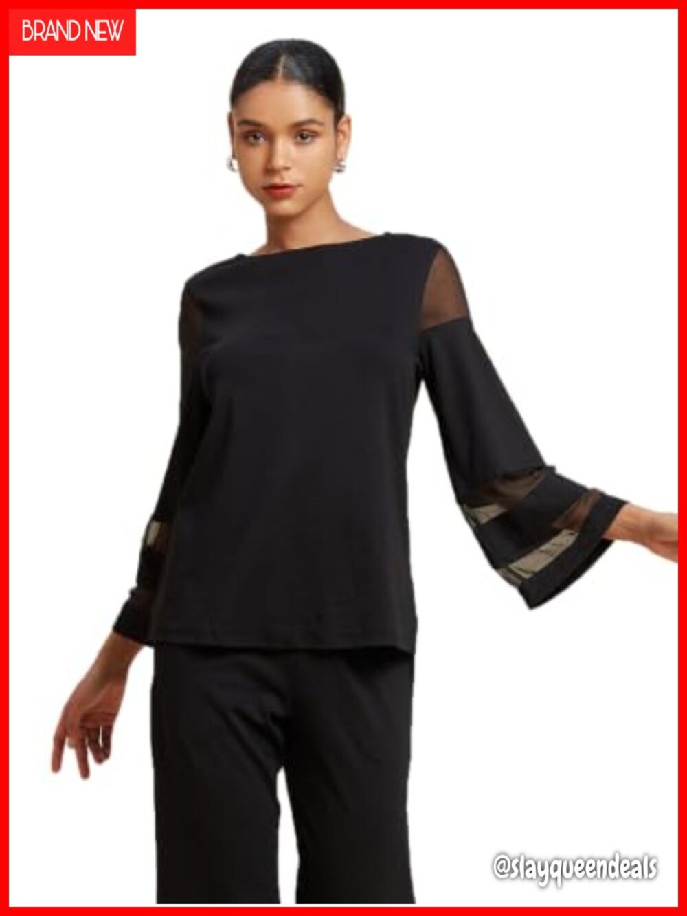 Women's Sheer Bell Sleeve Chiffon Blouse Stretch Long Sleeve Tunic Top